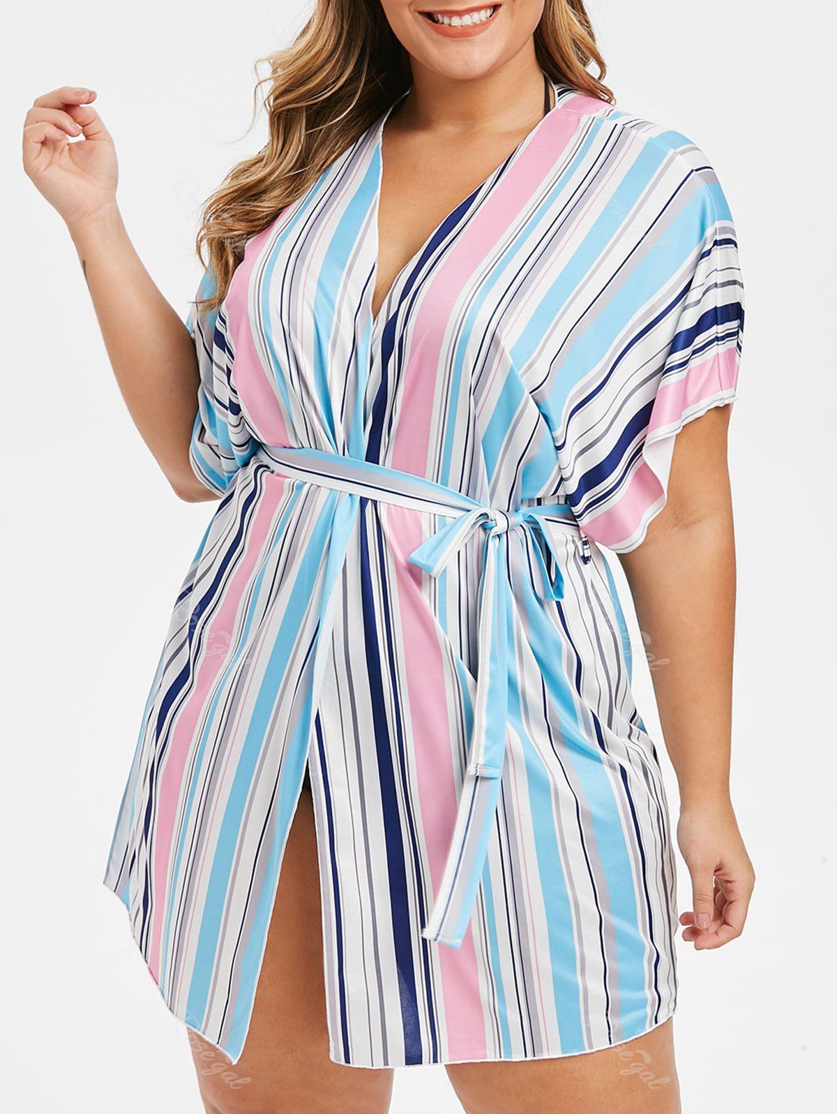 

Plus Size Vertical Striped Belted Wrap Cover Up Dress, Light sky blue