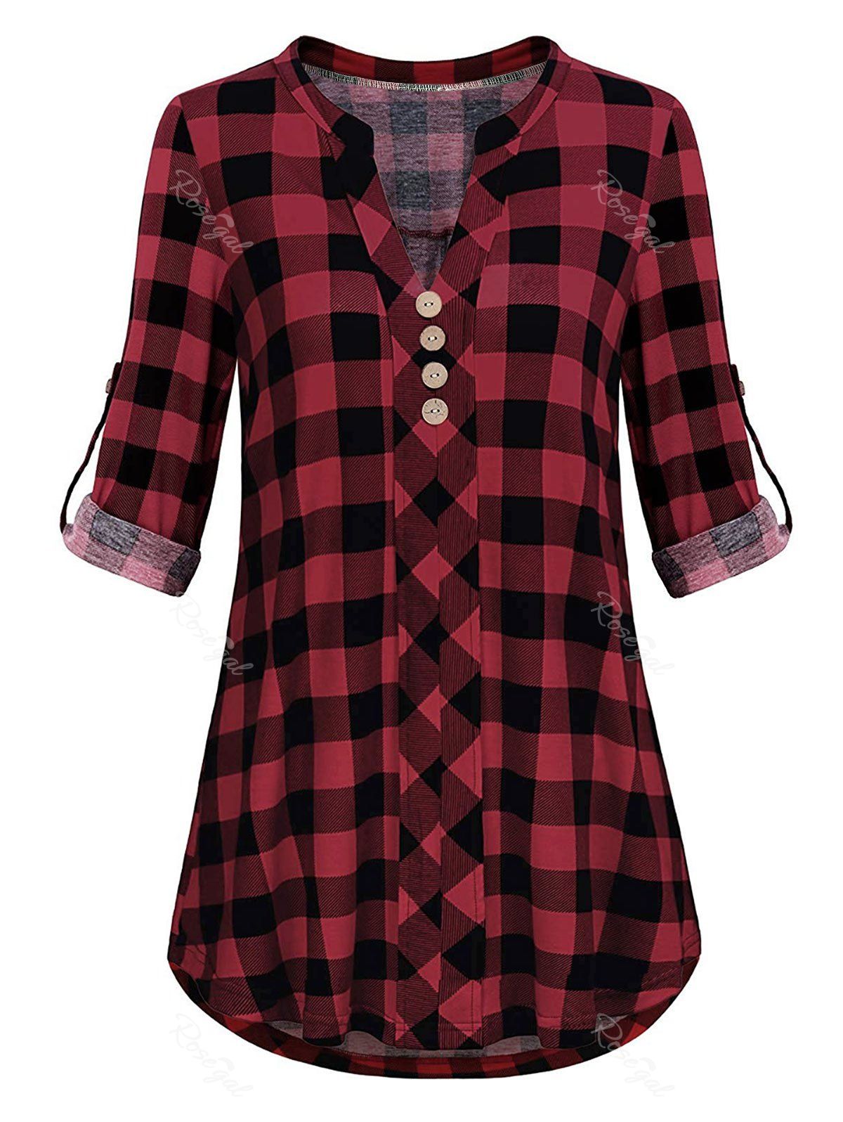 

Plus Size Roll Up Sleeve Split Neck Plaid Blouse, Red wine