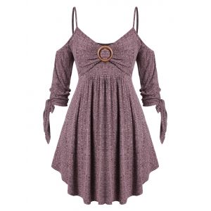

Plus Size Open Shoulder Knotted Marled Empire Waist T-shirt, Red wine