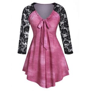 

Plus Size Bow Tie Lace Insert Empire Waist T-shirt, Dark carnation pink