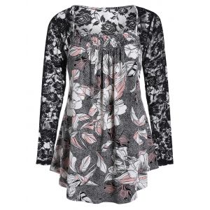 

Plus Size Lace Insert Ditsy Print Square Collar T Shirt, Battleship gray