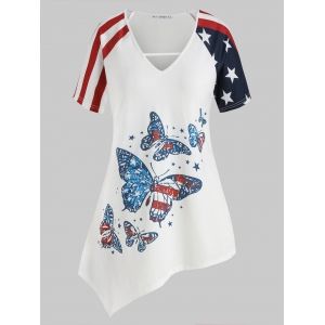 

Plus Size American Flag Butterfly Print Asymmetrical Tunic, White