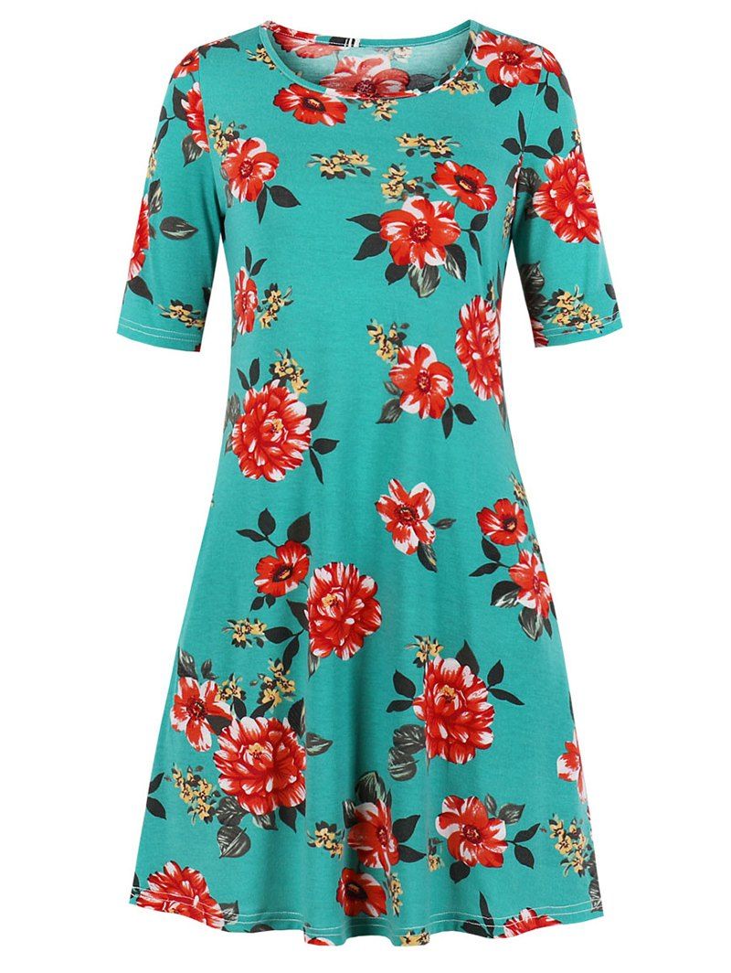 

Floral A Line Tee Dress, Macaw blue green