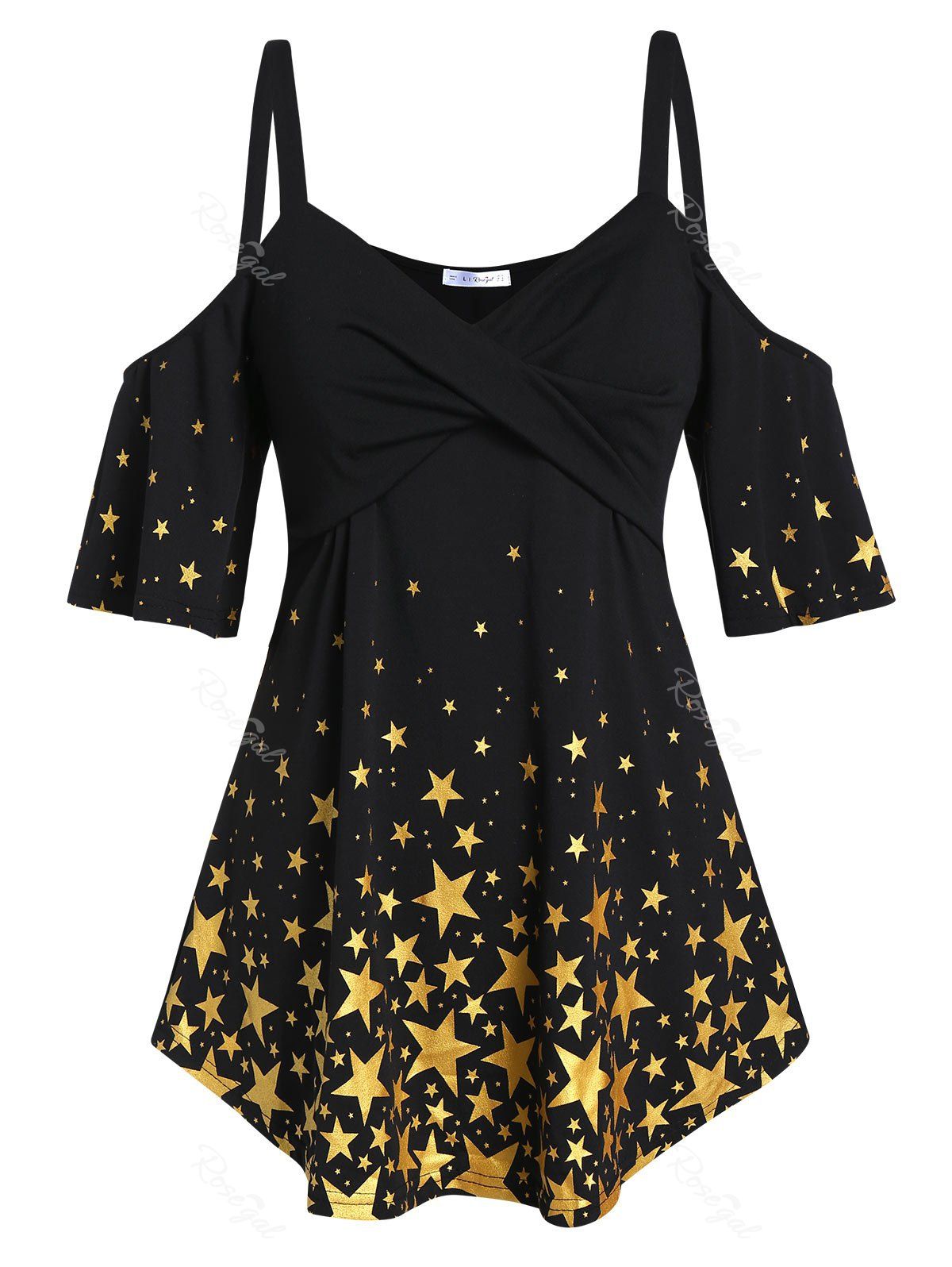 

Plus Size Metallic Stars Print Twist Open Shoulder T-shirt, Black