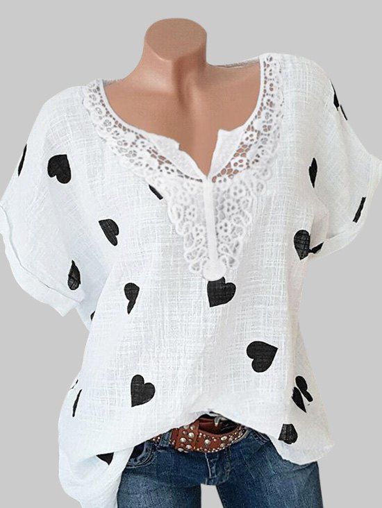 

Plus Size Heart Print Lace Crochet Graphic Blouse, White