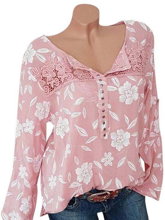 

Plus Size Lace Crochet Chiffon Studded Floral Blouse, Pink