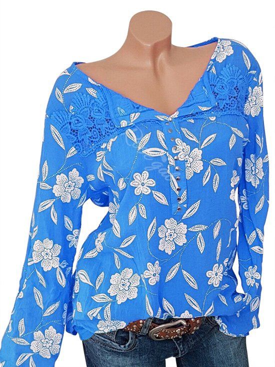 

Plus Size Lace Crochet Chiffon Studded Floral Blouse, Dodger blue