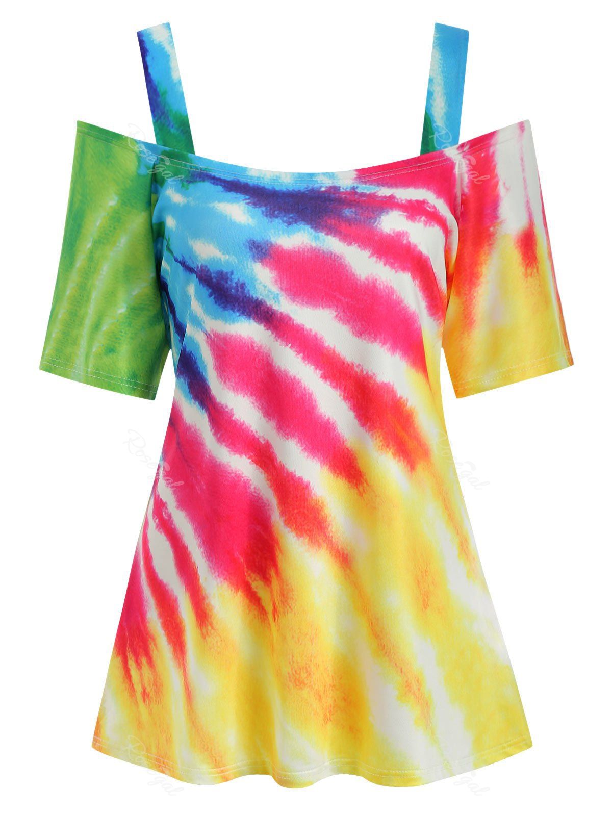 

Plus Size Tie Dye Open Shoulder T Shirt, Multi