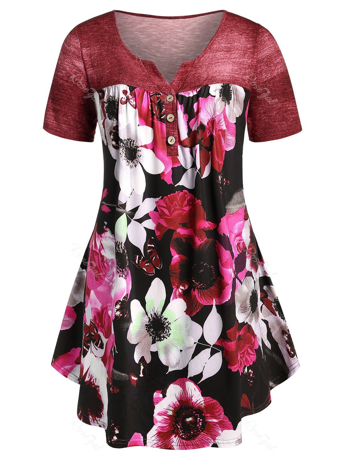 

Plus Size Curved Floral T-shirt, Red wine
