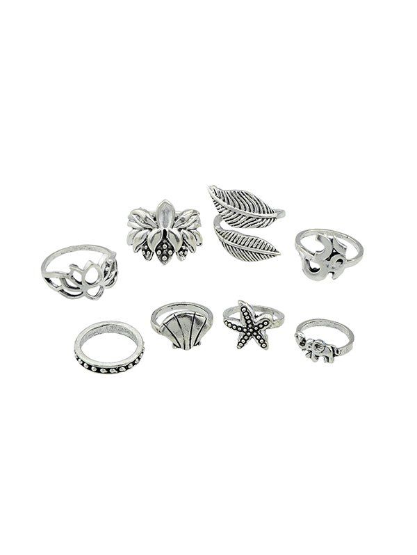 

8Pcs Starfish Shell Lotus Leaf Ring Set, Silver
