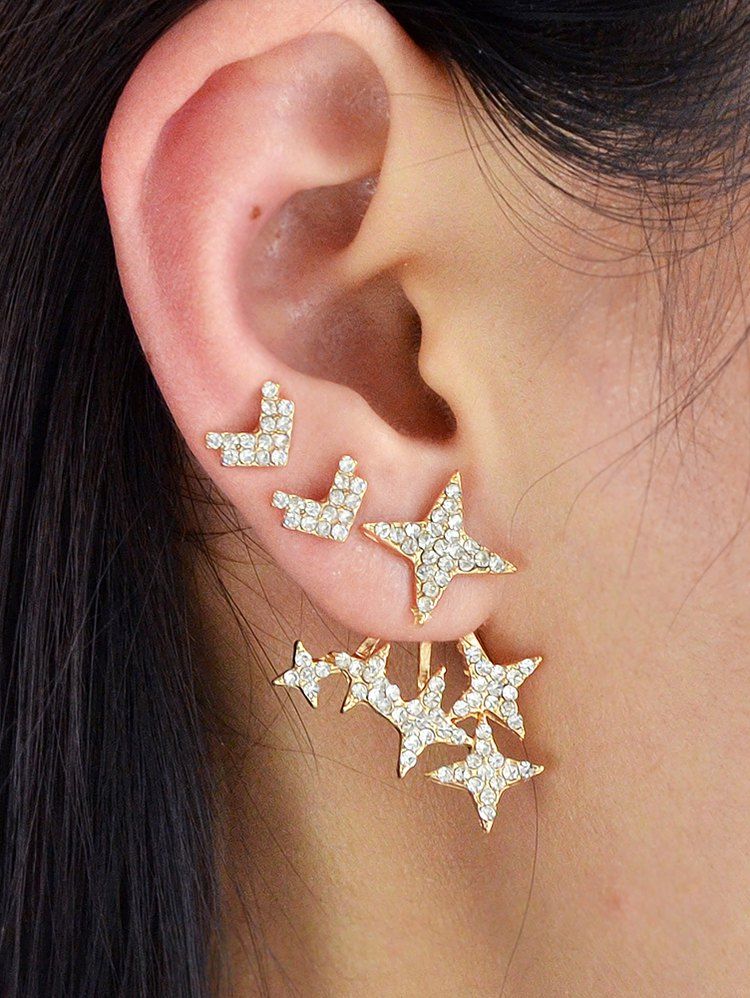 

Geometric Star Rhinestone Stud Earrings Set, Gold