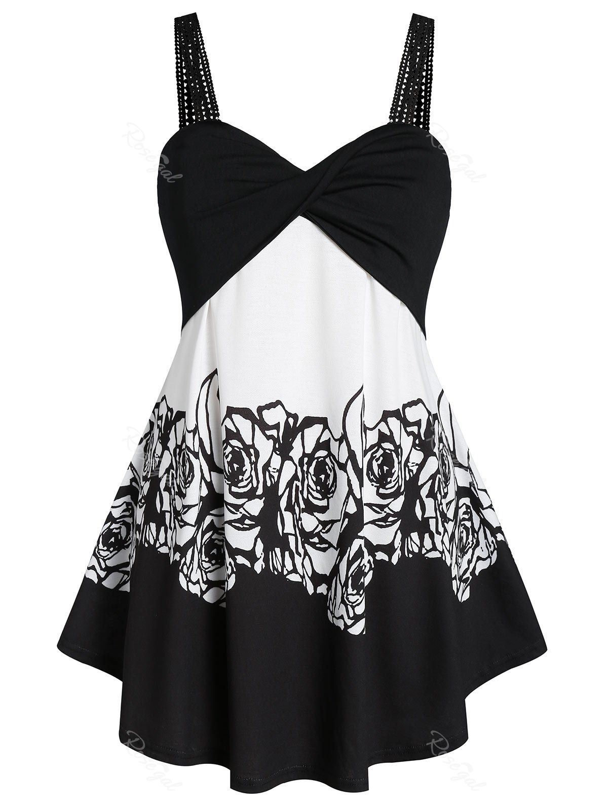 

Plus Size Floral Twisted Empire Waist Tank Top, Black