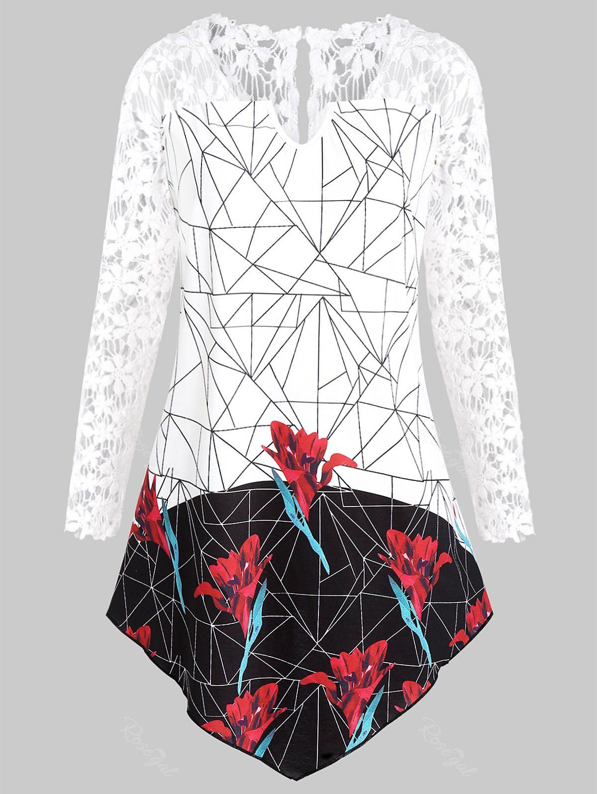 

Plus Size Asymmetrical Lace Insert Geometric Floral T-shirt, White