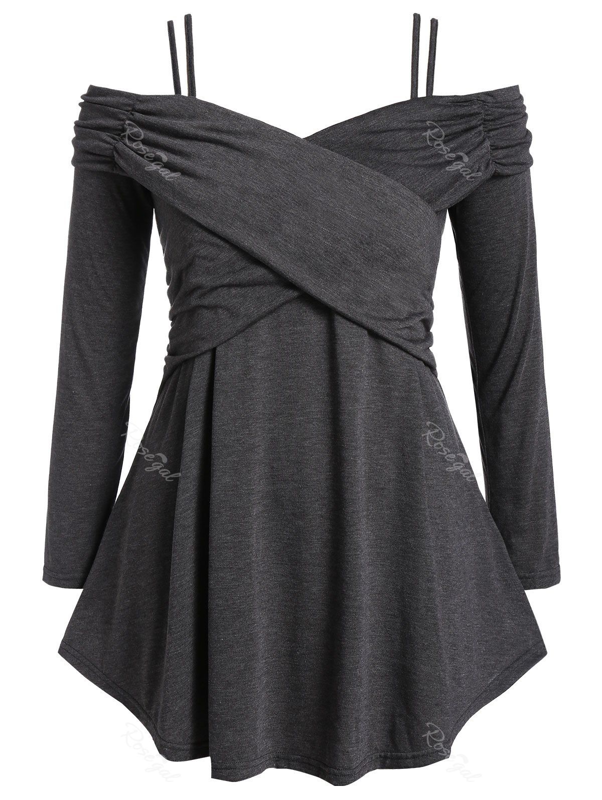 

Plus Size Front Cross Ruched Open Shoulder T-shirt, Ash gray