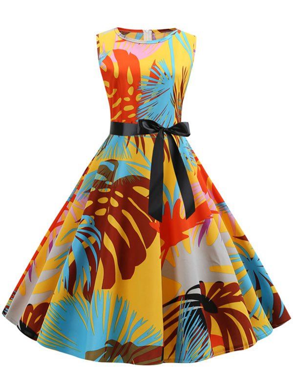 

Tropical Leaf Print Sleeveless A Line Dress with Belt, Yellow