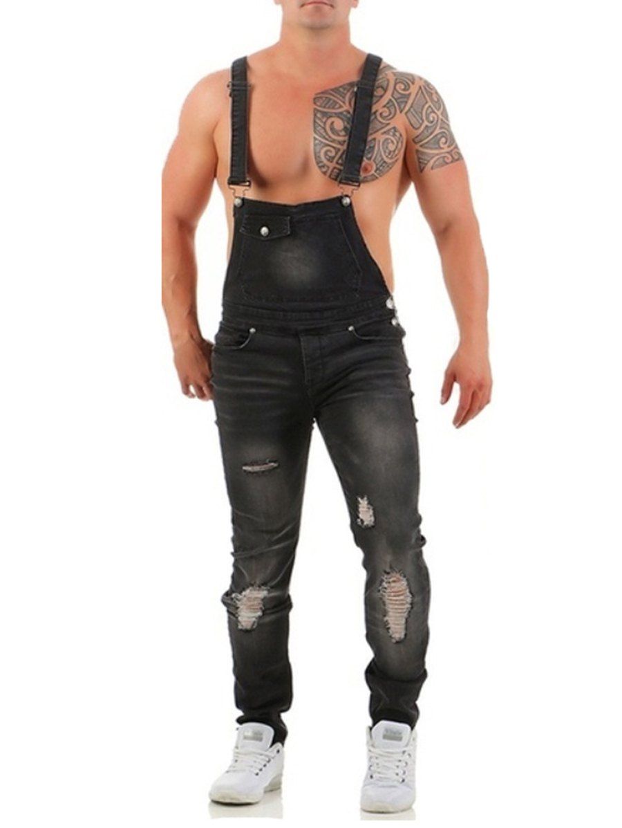 

Destroyed Design Casual Denim Overalls, Carbon fiber black