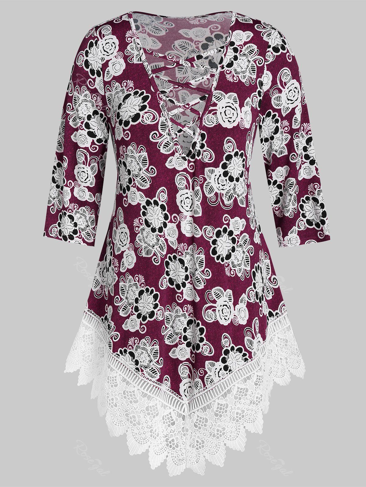 

Plus Size Lace Insert Ditsy Print Criss Cross T Shirt, Red wine