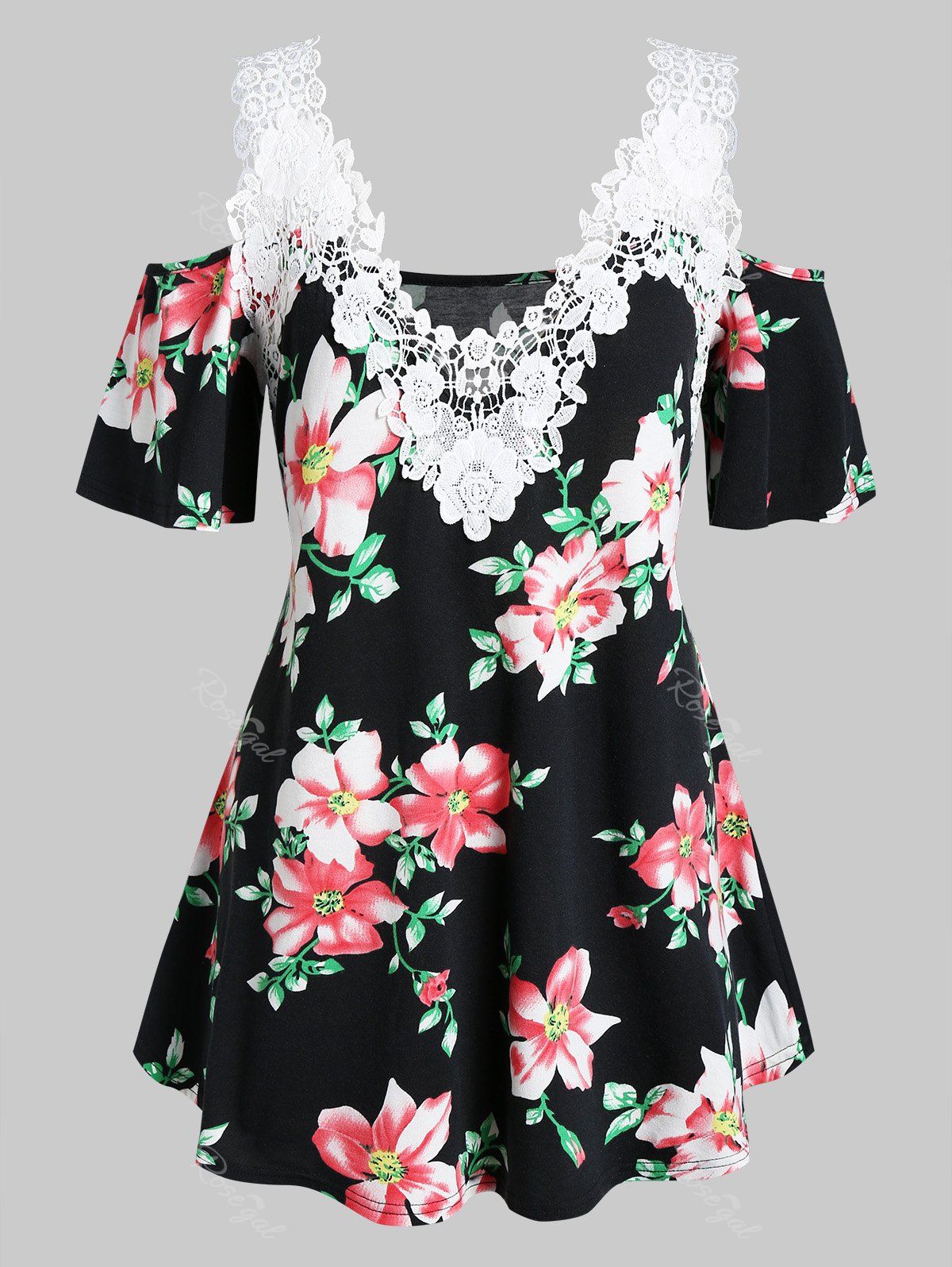 

Plus Size Lace Crochet Floral Open Shoulder Tee, Jet black