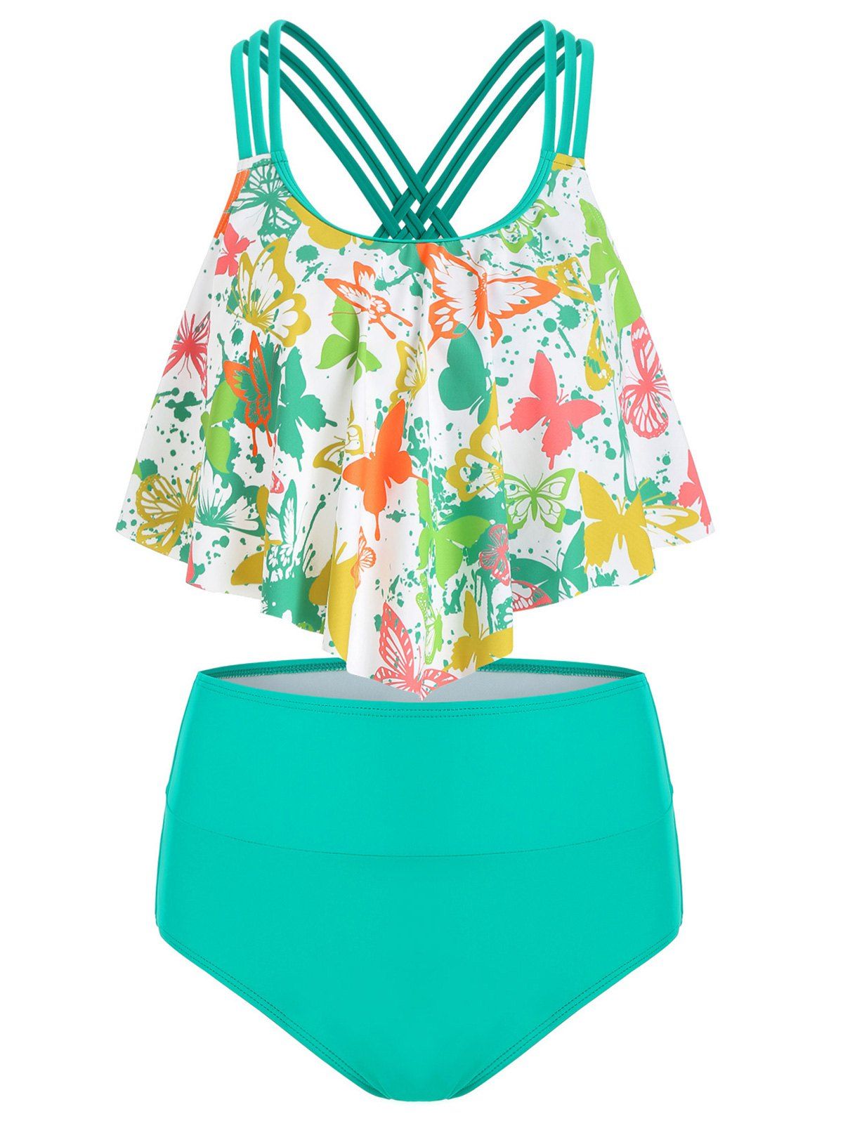 

Butterfly Print Scrunch Butt Flounce Tankini Swimwear, Light sea green