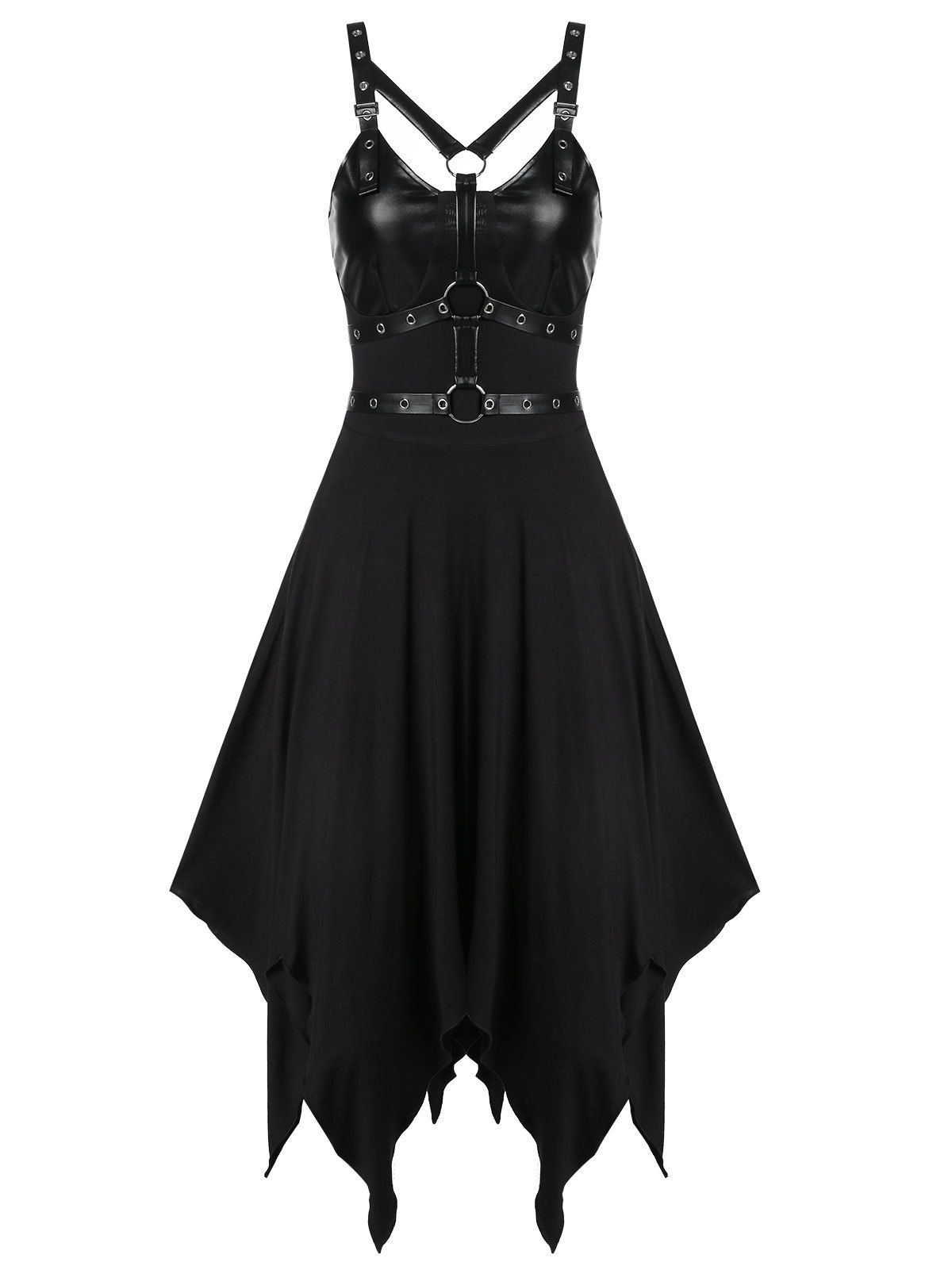 

Faux Leather Panel Grommet Handkerchief Midi Dress, Black