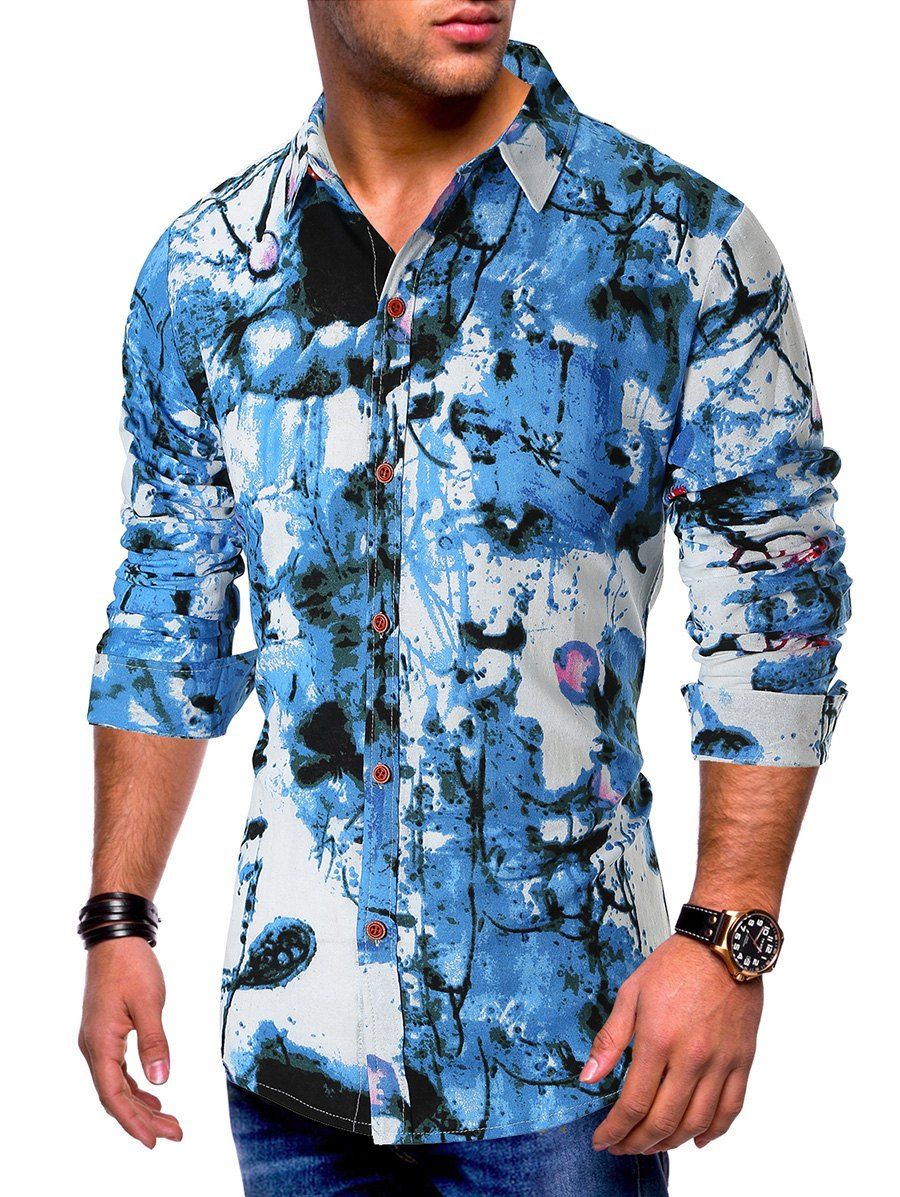 

Chinese Ink Painting Print Casual Button Shirt, Blue
