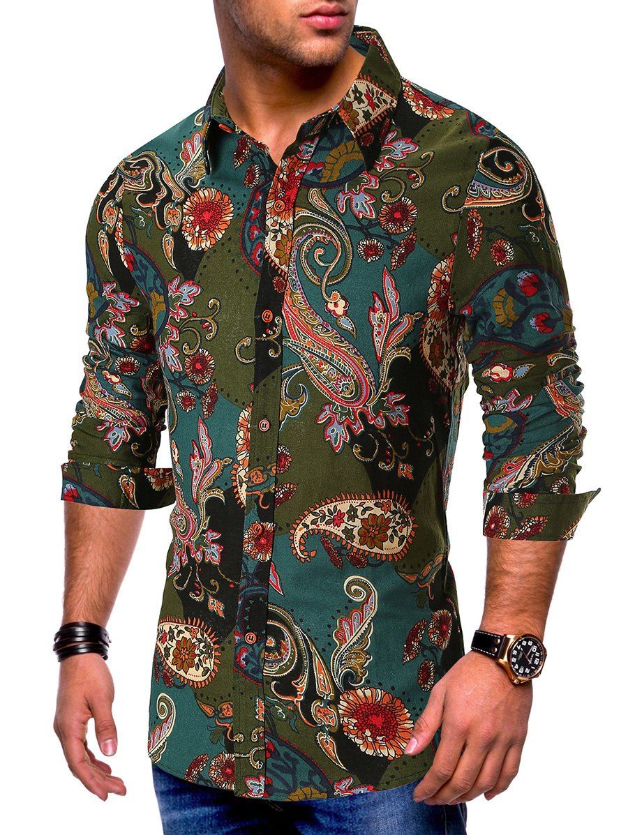 

Long Sleeves Flower Paisley Print Button Shirt, Green