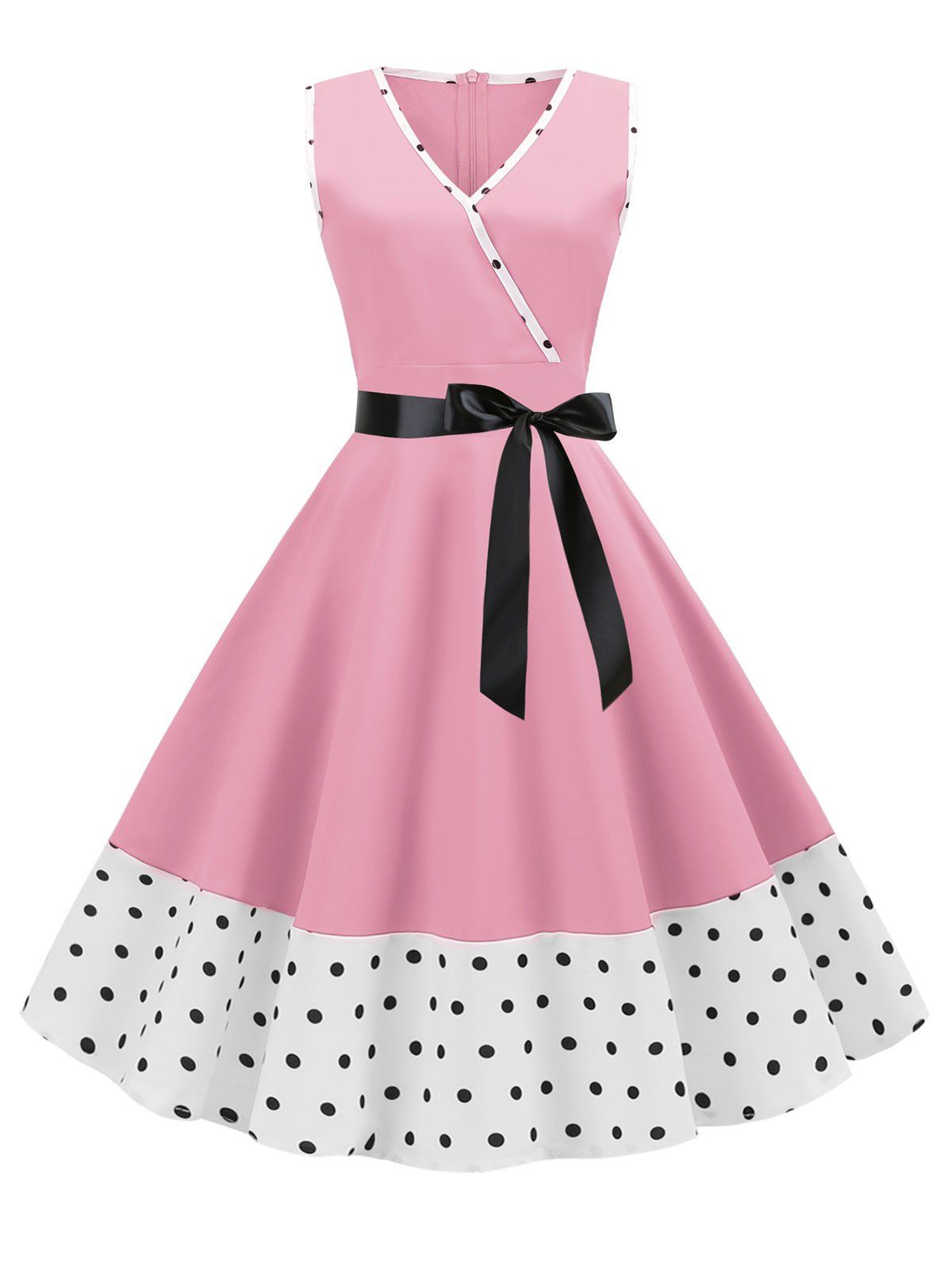 

V Neck Sleeveless Polka Dot Trim Flare Dress, Pig pink