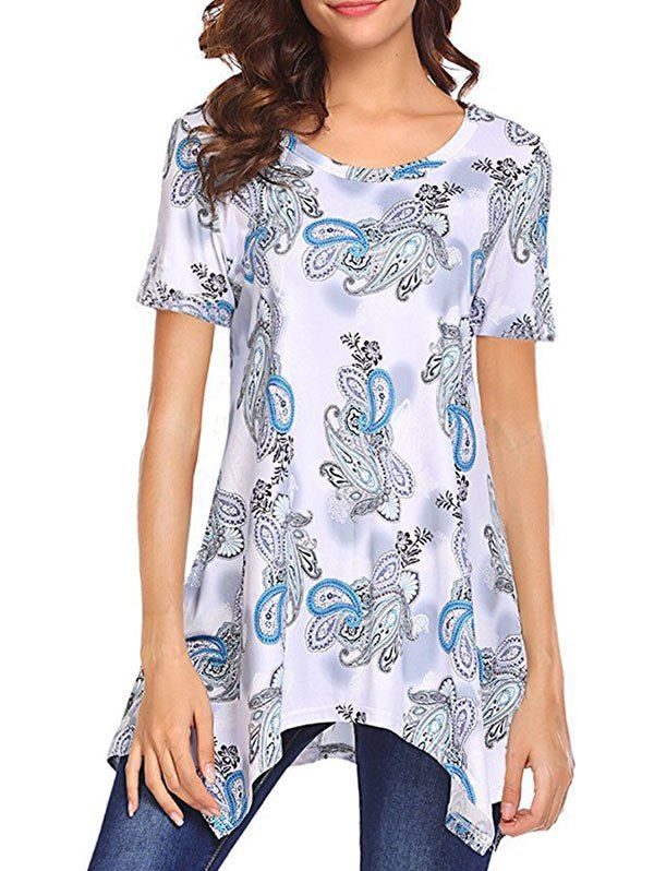 

Paisley Print Asymmetrical Short Sleeve T Shirt, Blue gray