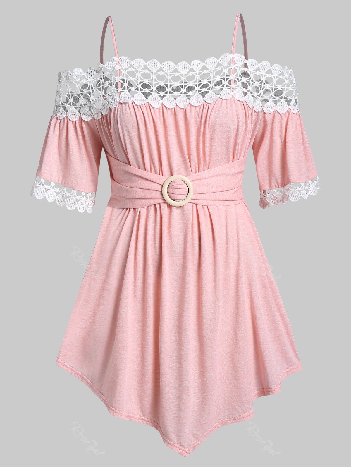 

Plus Size Lace Trim Knotted Open Shoulder T-shirt, Pink
