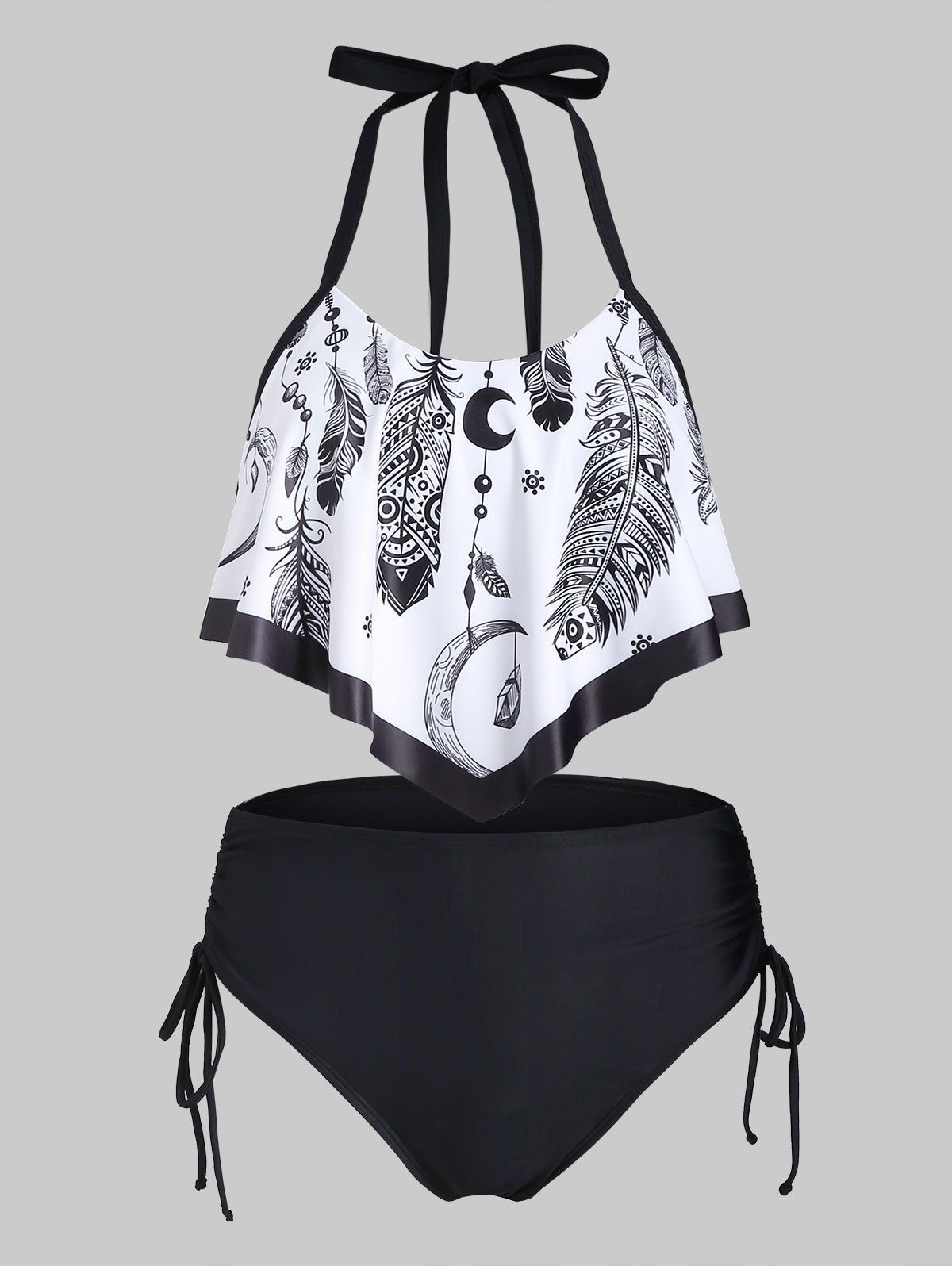 

Feather Print Flounce Cinched Tankini Swimwear, White