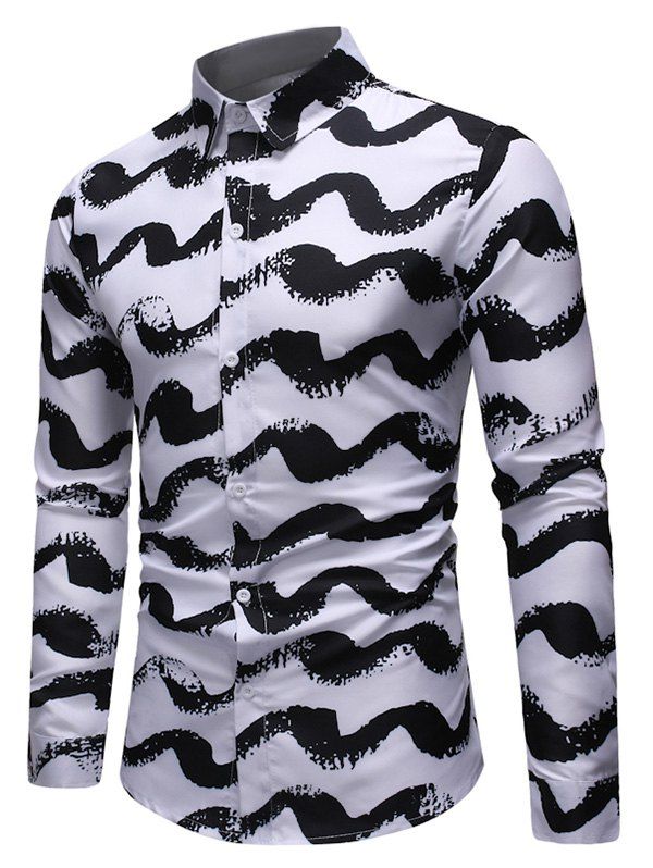 

Wave Print Casual Long Sleeves Shirt, White