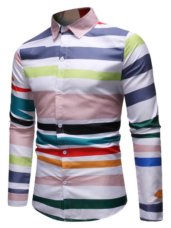 

Colorful Striped Print Long Sleeves Shirt, White