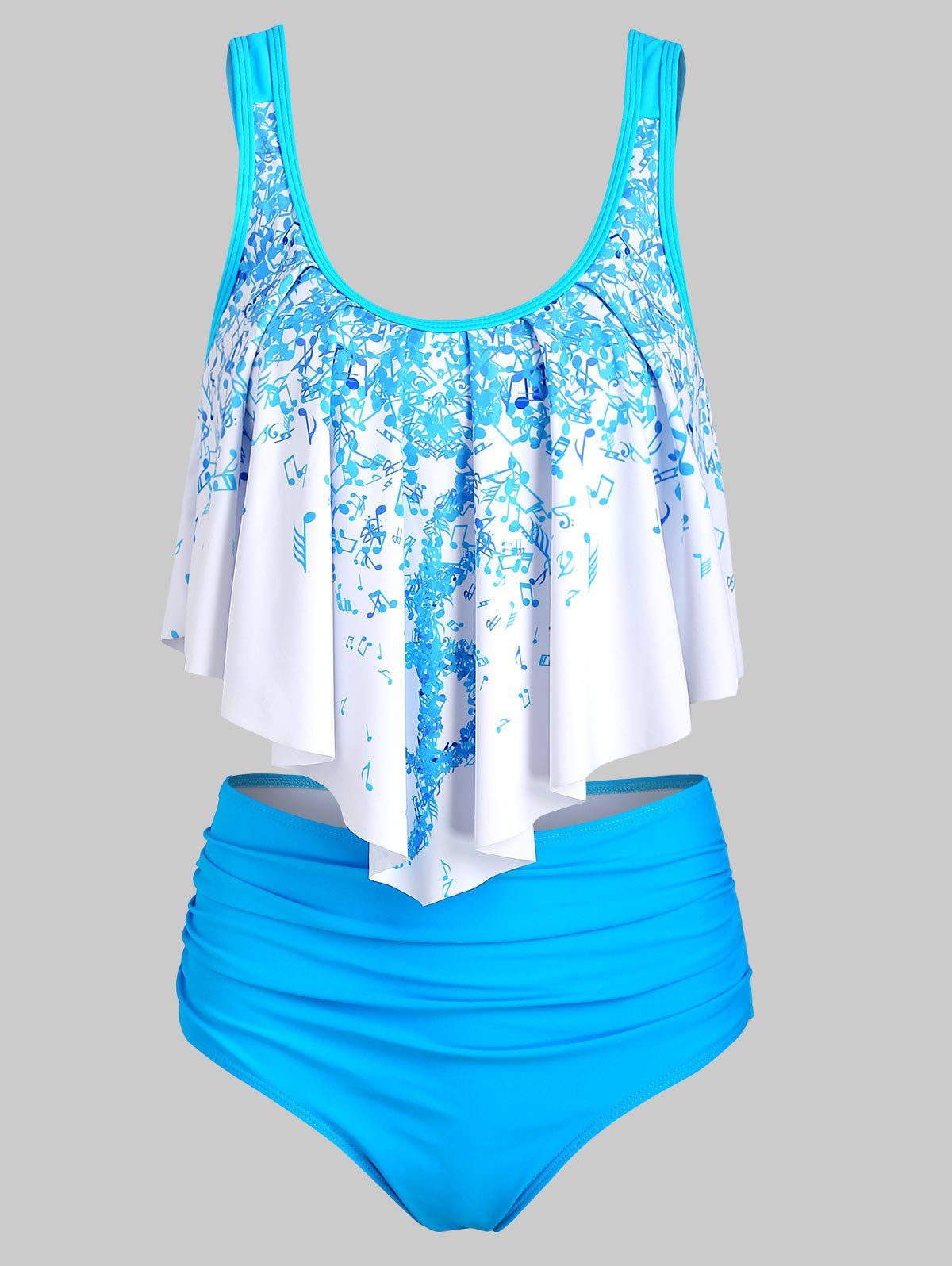 

Musical Note Flounce Tummy Control Tankini Swimsuit, Light sky blue