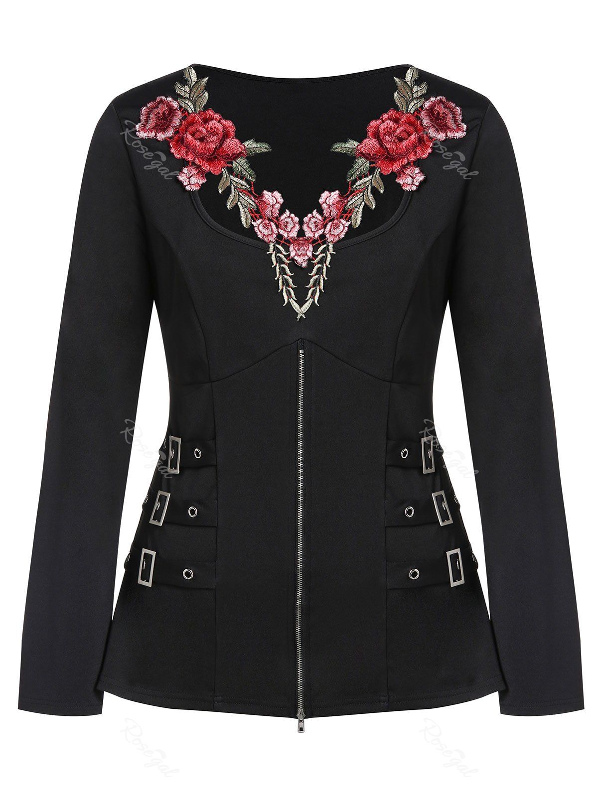 

Plus Size Long Sleeve Embroidered Zippered T Shirt, Black