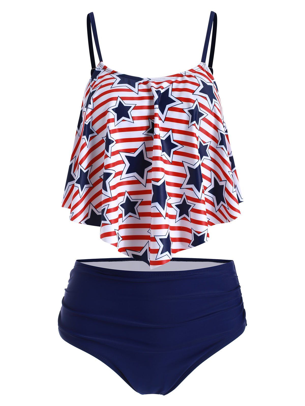 

Star Striped Padded Overlay Tankini Swimsuit, Cadetblue