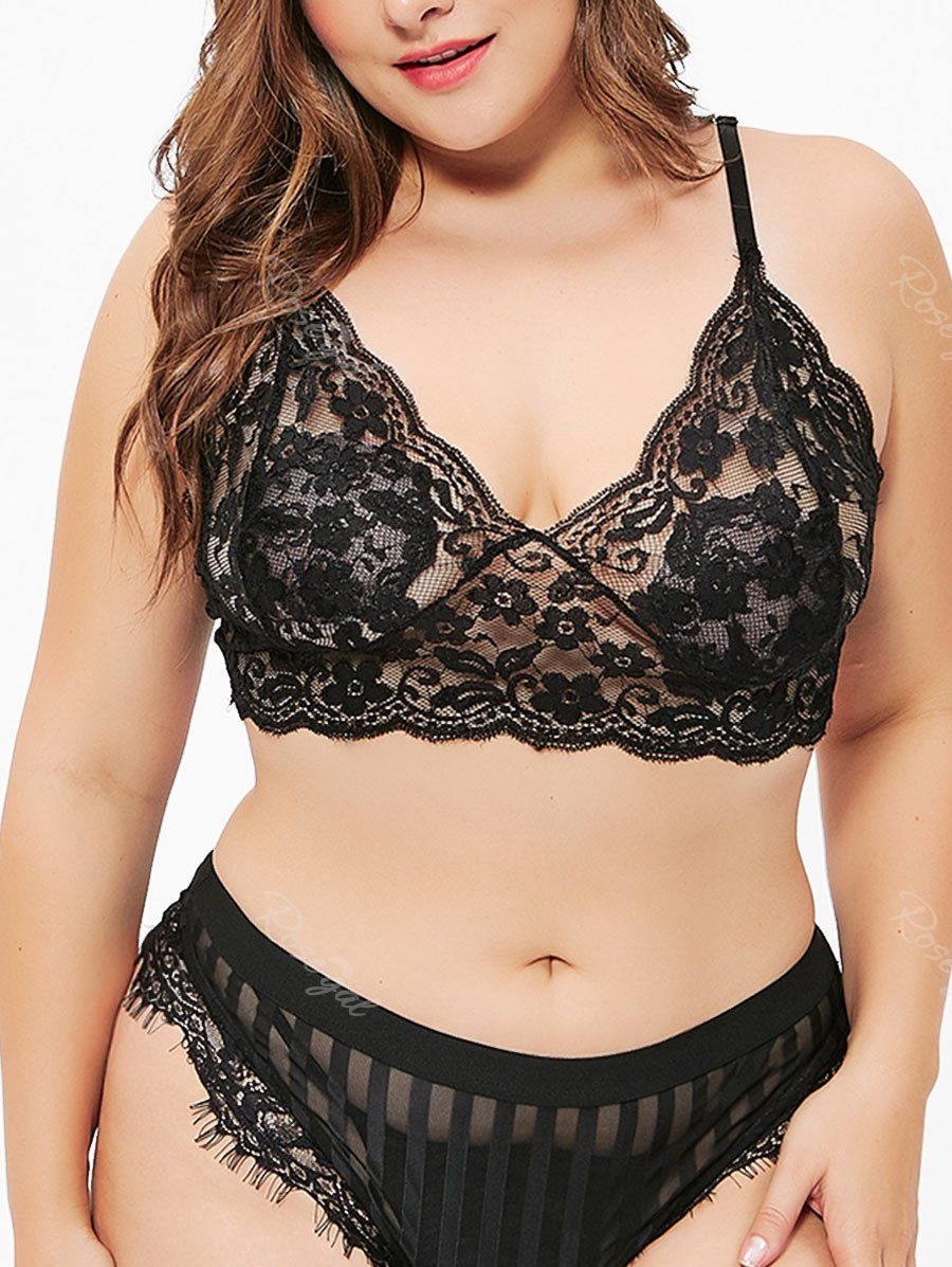 

Unlined Scalloped Plus Size Lace Bra, Black