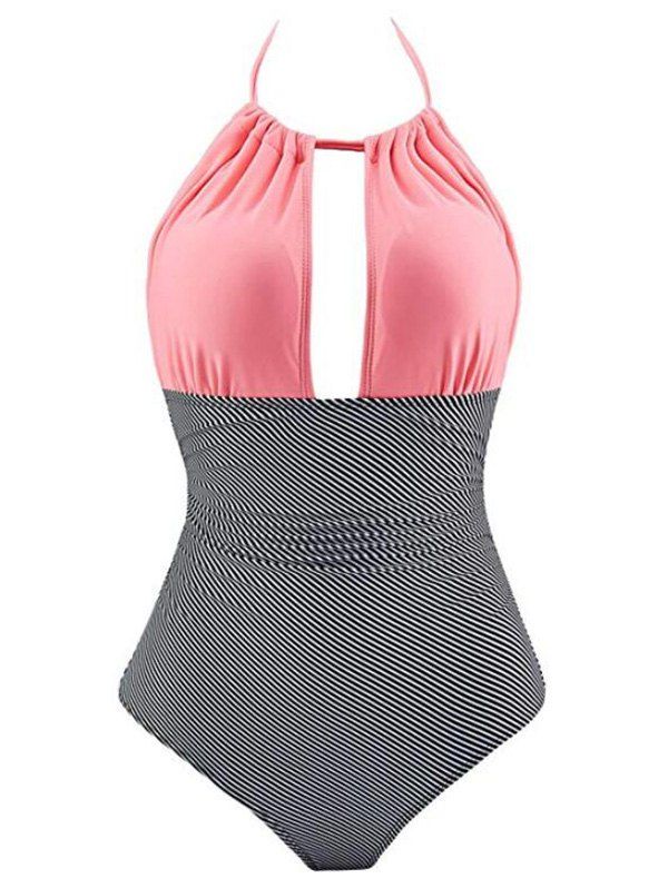 

Striped Cut Out Convertible Halter Swimsuit, Pink