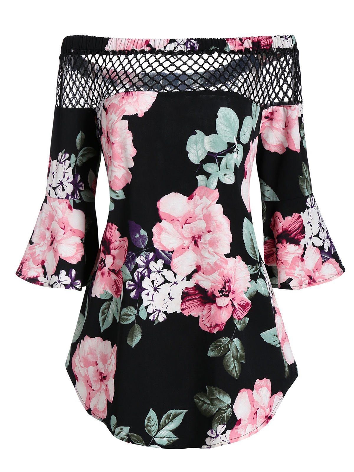 

Off Shoulder Fishnet Insert Floral Print Bell Sleeve Blouse, Black