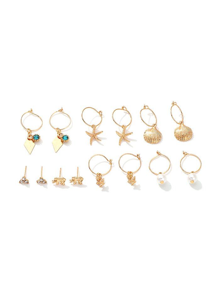 

7Pairs Starfish Shell Floral Earrings Set, Gold