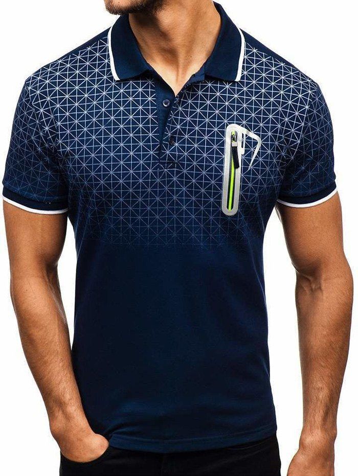 

Shirt Collar Faux Pocket Geometric Print T Shirt, Cadetblue