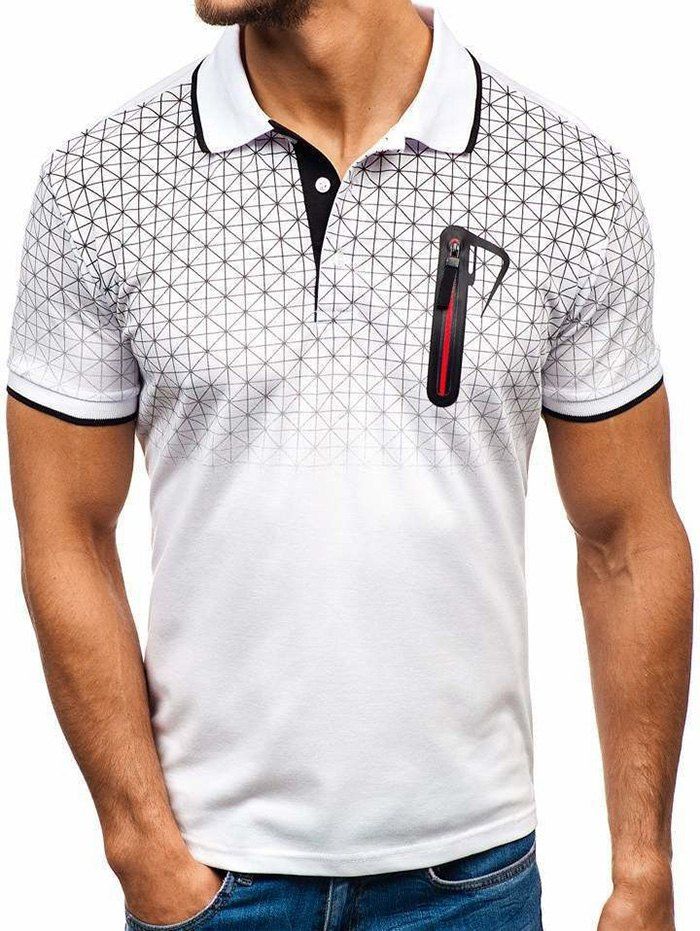

Shirt Collar Faux Pocket Geometric Print T Shirt, White