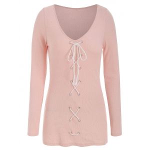 

Lace Up Plunging Neck Solid T Shirt, Apricot