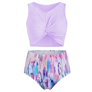 

Scoop Neck Feather Print Padded Tankini Swimsuit, Purple mimosa