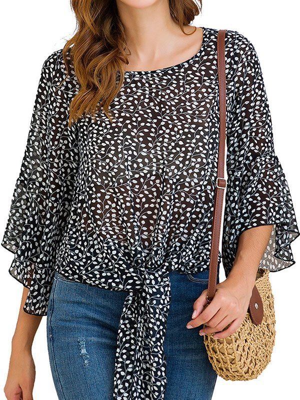 

Leaf Print Flare Sleeve Tie Hem Blouse, Black