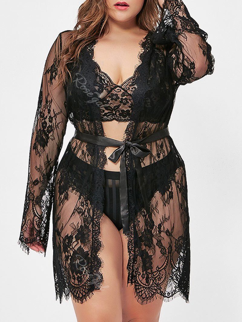 

T Back Belted Eyelash Plus Size Lace Robe, Black