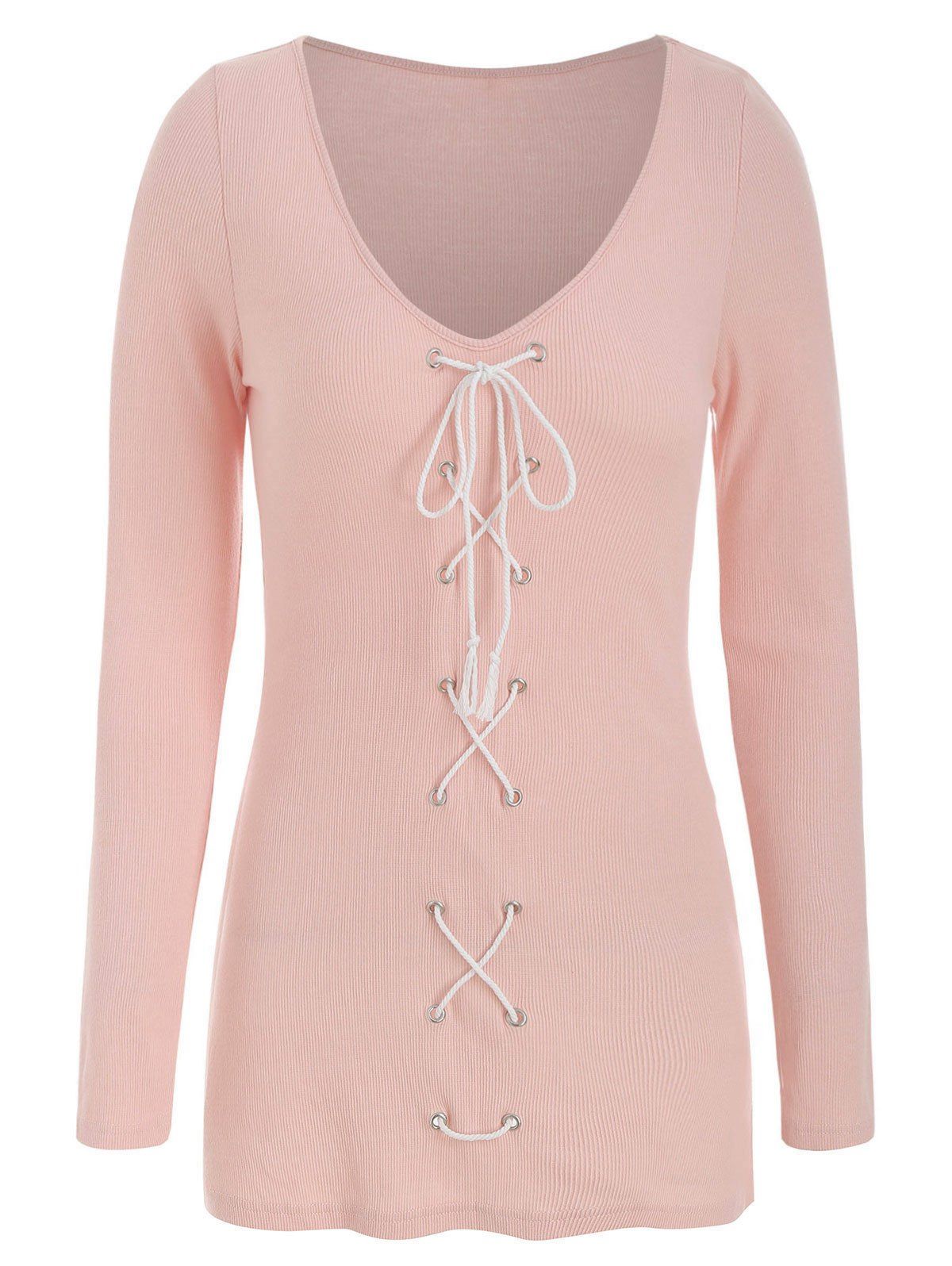 

Lace Up Plunging Neck Solid T Shirt, Apricot