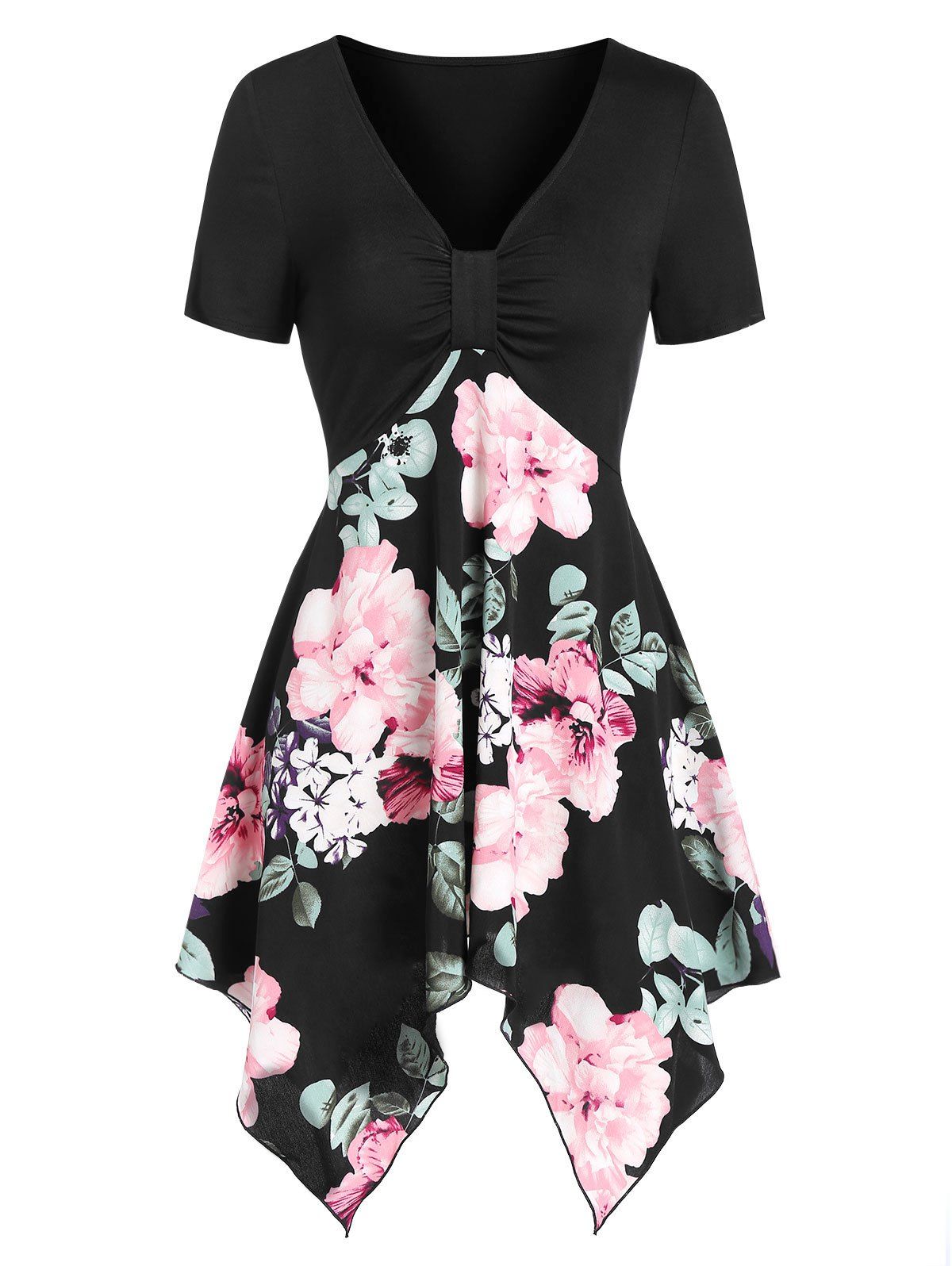 

Asymmetrical Handkerchief Flower Print Long Tee, Black