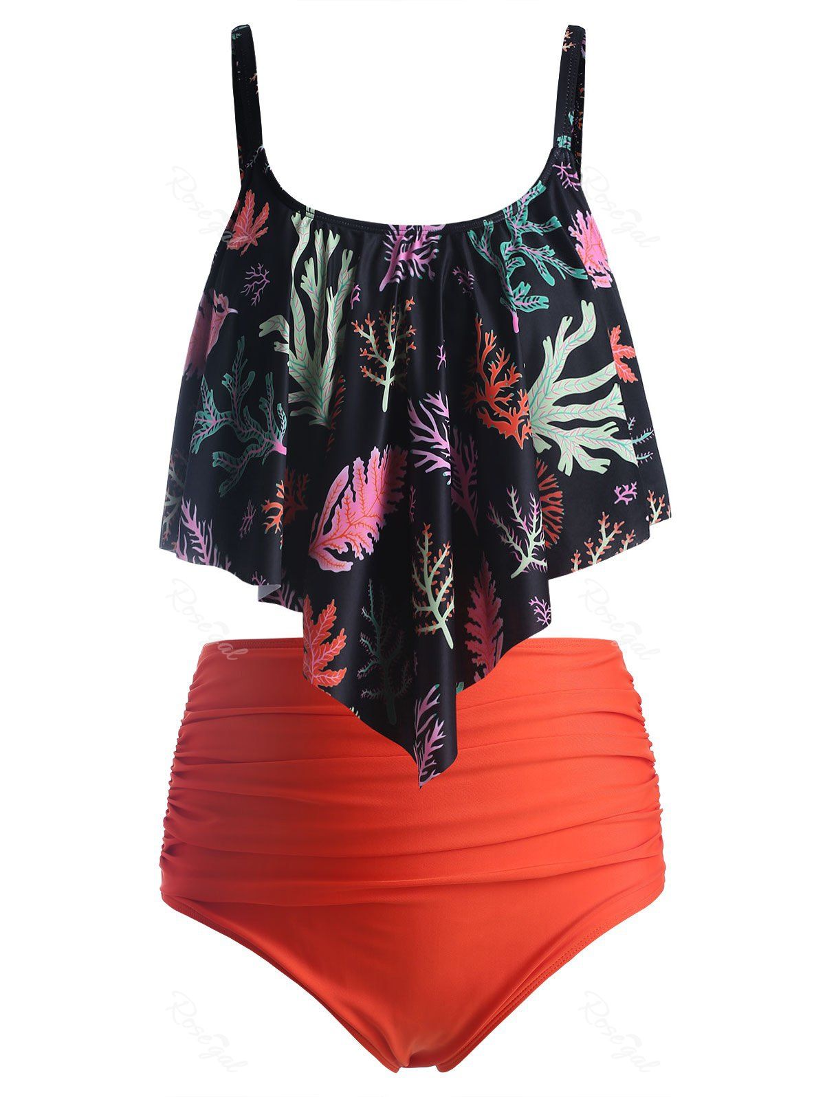 

Plus Size Printed Overlay Ruched Bikini Set, Bright orange