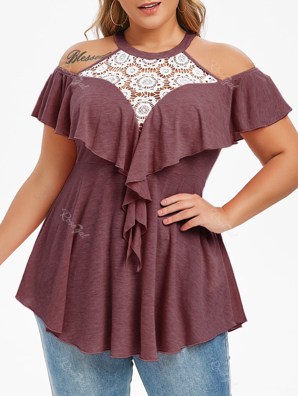 

Plus Size Lace Panel Ruffle Open Shoulder T-shirt, Red wine