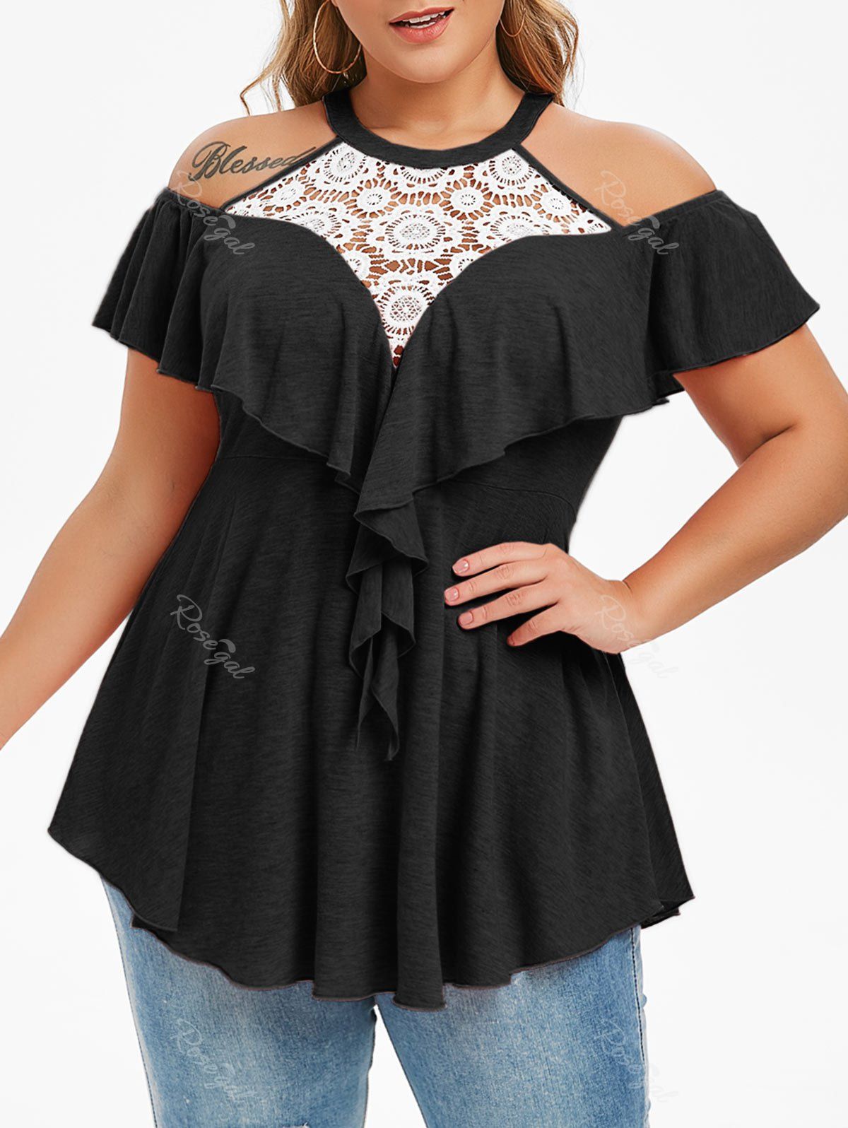 

Plus Size Lace Panel Ruffle Open Shoulder T-shirt, Black